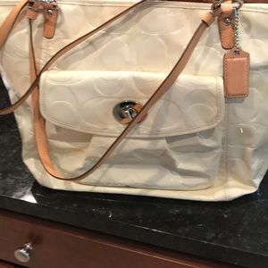 Coach Tote purse 18 by 13. Beige patent leather.